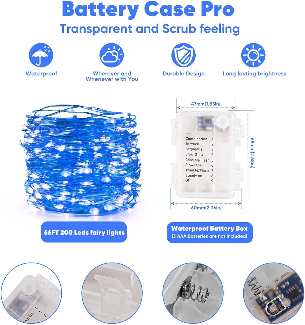 1 Pack 65.6 Ft. Battery Operated Outdoor String Lights with Remote & Timer, LED Blue Fairy Lights, Waterproof Twinkle Lights for Bedroom, Dorm, Mason Jar, Wedding, Party, Christmas