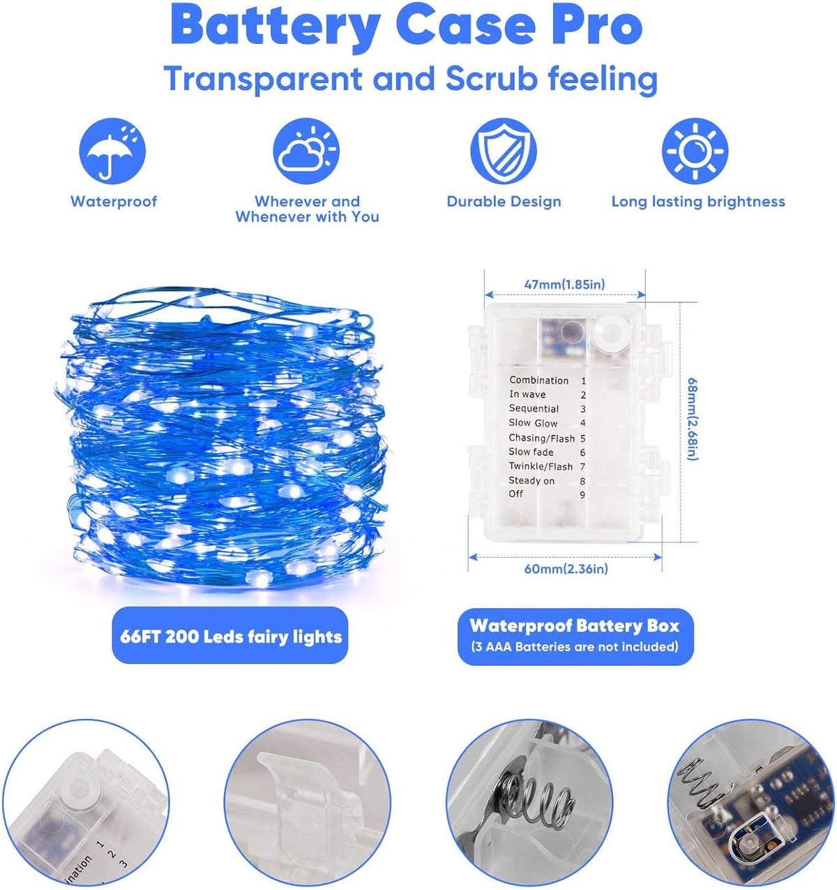 1 Pack 65.6 Ft. Battery Operated Outdoor String Lights with Remote & Timer, LED Blue Fairy Lights, Waterproof Twinkle Lights for Bedroom, Dorm, Mason Jar, Wedding, Party, Christmas