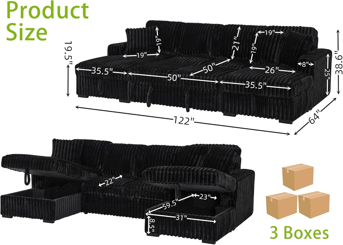 THSUPER Oversized U Shaped Plush Corduroy Fluffy Sectional Sleeper Sofa with Pull Out Bed and Double Storage Chaise for Living Room - Black