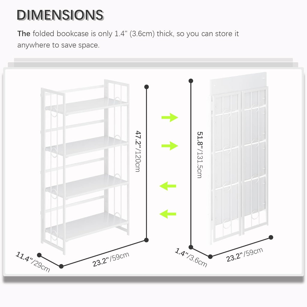 4NM No Assembly 4 Tiers Folding Bookshelf, 47.2" H Foldable Storage Shelves Vintage Bookcase Standing Racks Study Organizer Home Office - All White