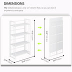 4NM No Assembly 4 Tiers Folding Bookshelf, 47.2" H Foldable Storage Shelves Vintage Bookcase Standing Racks Study Organizer Home Office - All White