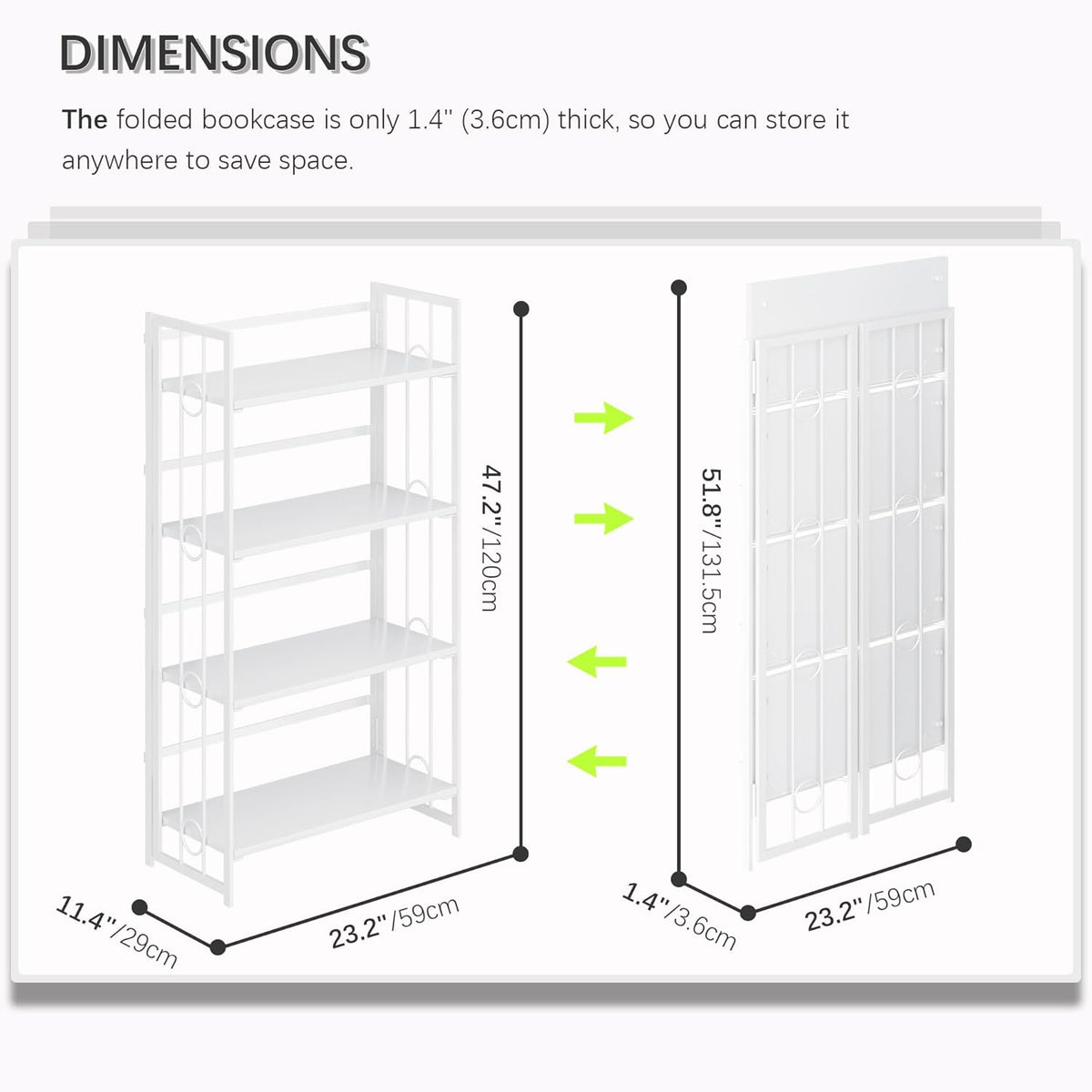 4NM No Assembly 4 Tiers Folding Bookshelf, 47.2" H Foldable Storage Shelves Vintage Bookcase Standing Racks Study Organizer Home Office - All White