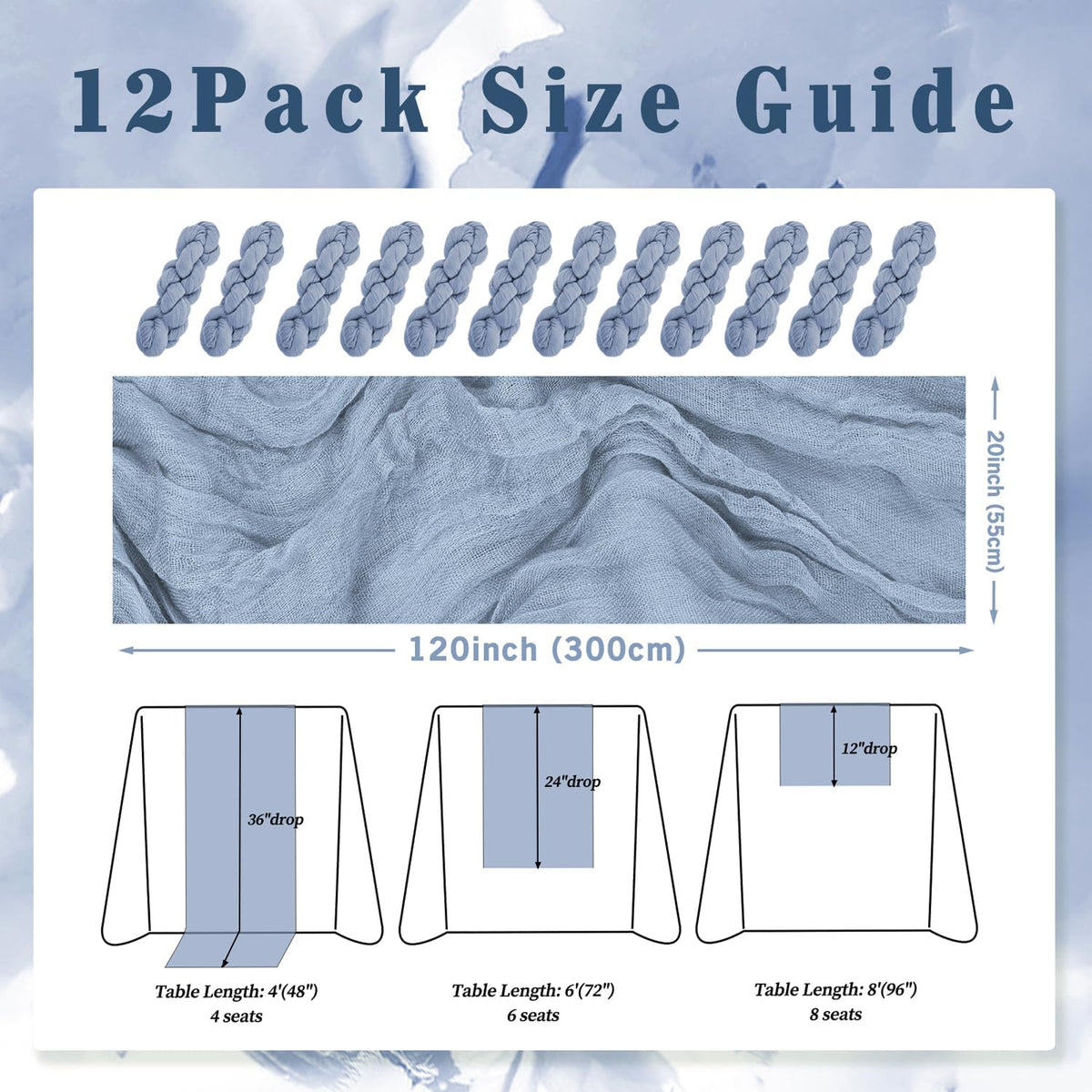 12 Pack Dusty Blue 10FT Cheesecloth Table Runner Rustic Gauze Fabric Cheese Cloth Table Runner for Wedding Bridal Baby Shower Table Decor 20 x 120 Inch Long Boho Sheer Birthday Party Table Decorations
