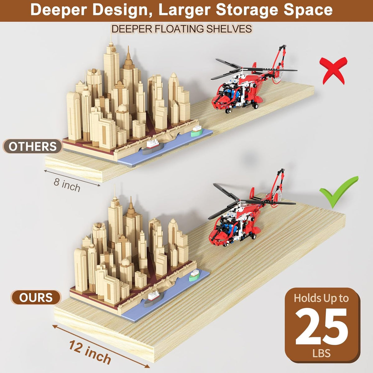 12 Inch Deep Floating Shelves for Wall 1 Pack Floating Shelves Large Storage Space Wall Mount Shelf for Living Room Kitchen Bathroom 30" W x 12" D x 1.2" H Oak