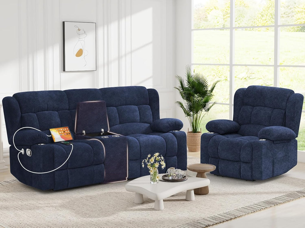 Recliner Sofa Set with 2+1 Pieces, Fabric Manual Pull Tab Reclining Loveseat with Storage Console, Single Recliner Chair for Living Room, RV, Blue
