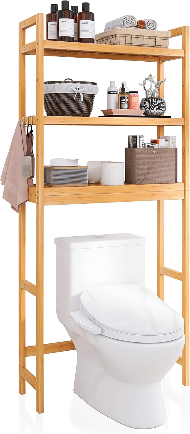 SMIBUY Bathroom Storage Shelf, Bamboo Over-The-Toilet Organizer Rack, Freestanding Toilet Space Saver with 3-Tier Adjustable Shelves (Natural)
