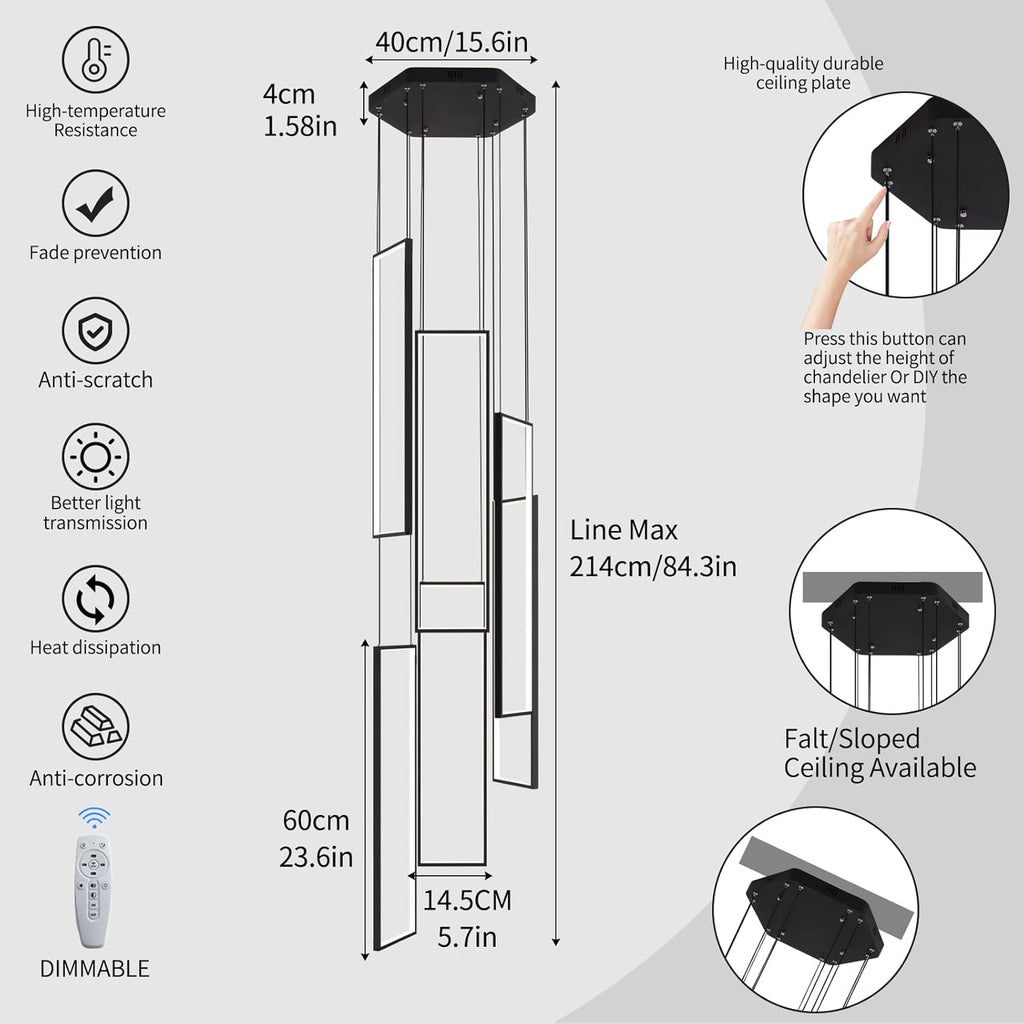 Modern Led Chandelier - Adjustable Black Lighting Fixture for High Ceiling, Suitable for Living Room, Staircase, Villa