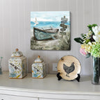 Bathroom Wall Art Coastal Décor Nautical Boat on Beach Canvas Picture Ocean Seagull Seascape Canvas Print Sea Bird Farmhouse Artwork for Seashore Bedroom Living Room Small Square Blue Teal 14x14"