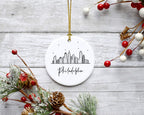 Andaz Press Round Ceramic Porcelain Christmas Tree Ornament Gift, Philadelphia Black and White Stars City Skyline Graphic, 1-Pack, Birthday Ideas for Family Coworker, Philly