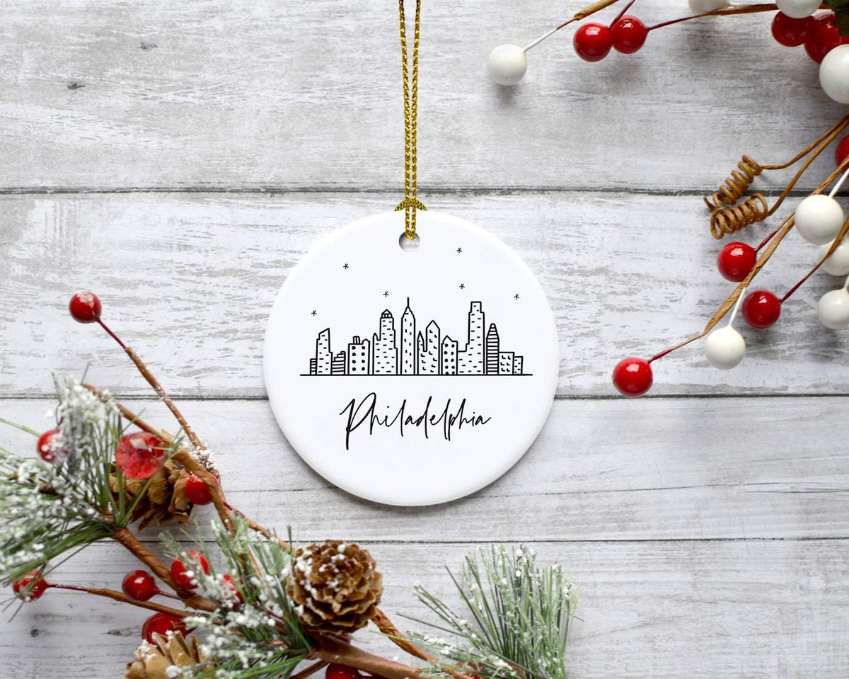 Andaz Press Round Ceramic Porcelain Christmas Tree Ornament Gift, Philadelphia Black and White Stars City Skyline Graphic, 1-Pack, Birthday Ideas for Family Coworker, Philly