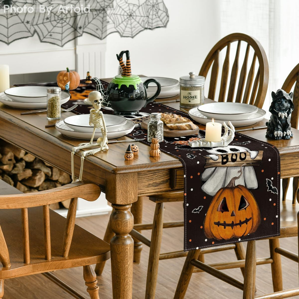 Artoid Mode Polka Dot Ghost Pumpkin Cat Boo Halloween Table Runner, Bat Seasonal Fall Kitchen Dining Table Decoration for Home Party Decor 13x120 Inch