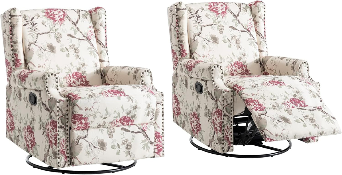 UIXE Swivel Rocker Manual Recliner Chairs Set of 2, Wingback Swivel Glider Fabric Nursery Reclining Sofa Chair, High Back Upholstered Arm Chair for Living Room Bedroom - Beige Floral