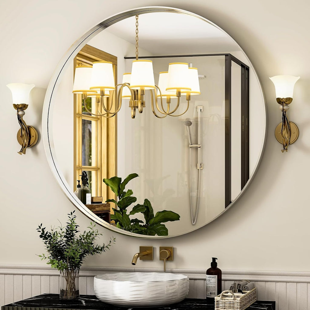 32 Inch Silver Round Bathroom Mirror - Wall Mounted Circle Mirror with Metal Frame, Modern Mirror Suitable for Bathroom, Vanity, Entryway, Living Room, Wall Decor