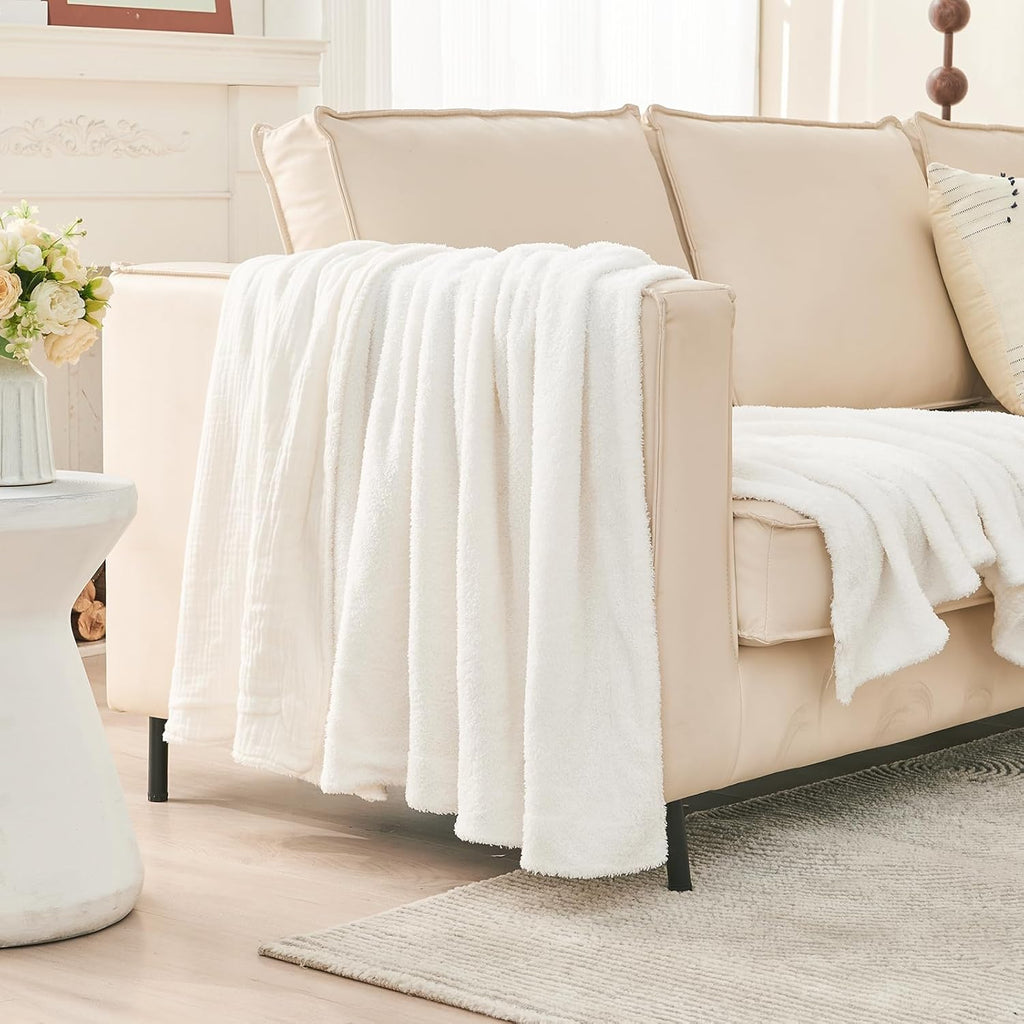 EMME White Throw Blanket Muslin and Fleece Blanket for Women Reversible - 50"*60" Soft & Cozy Warm Lightweight Small Blankets for Couch Bed Picnic Travel Bed