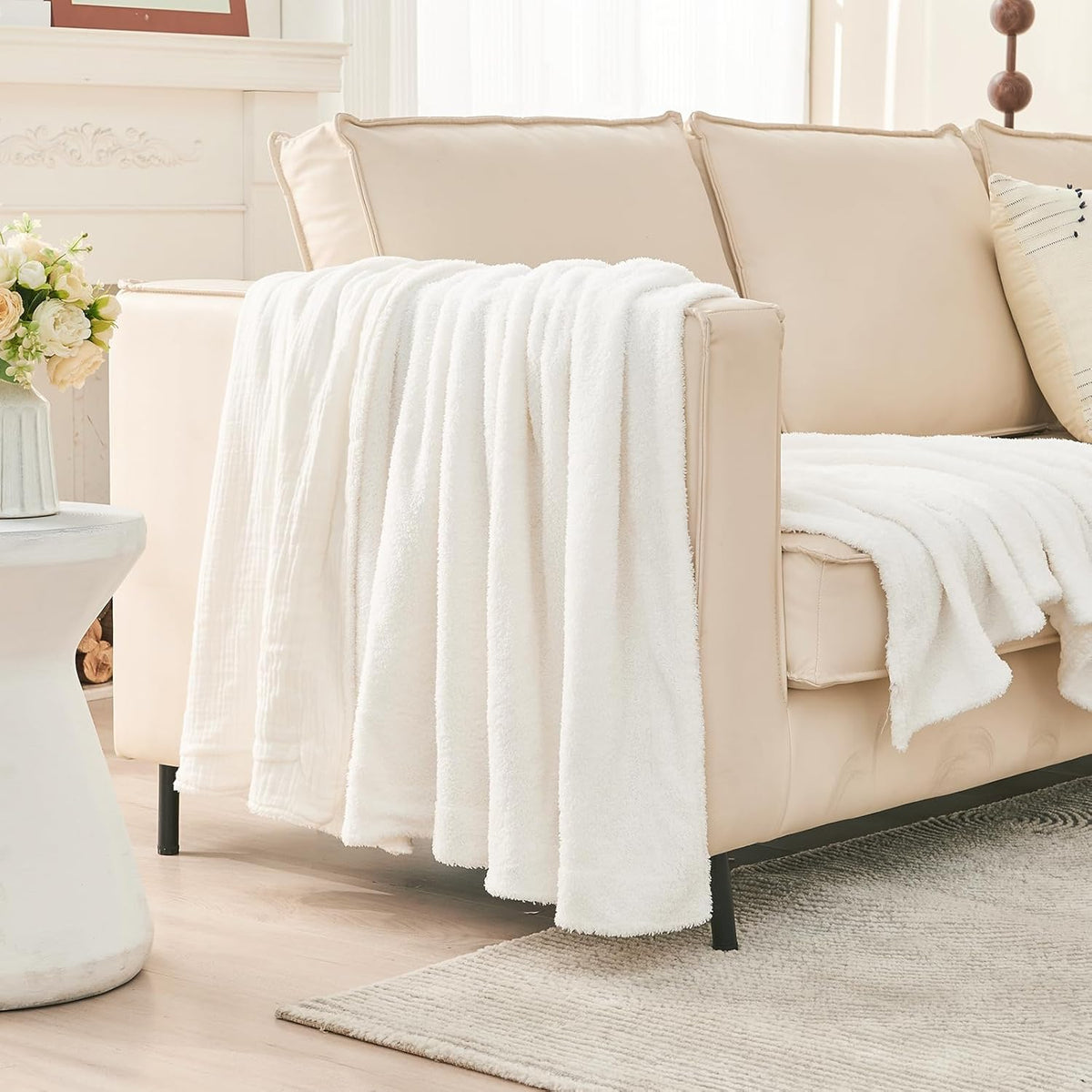 EMME White Throw Blanket Muslin and Fleece Blanket for Women Reversible - 50"*60" Soft & Cozy Warm Lightweight Small Blankets for Couch Bed Picnic Travel Bed
