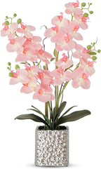 Orchid Artificial Flowers with Sliver Vase Large Silk Faux Phalaenopsis Flowers for Dining Room Table Floral Centerpieces Indoor Decoration,Pink