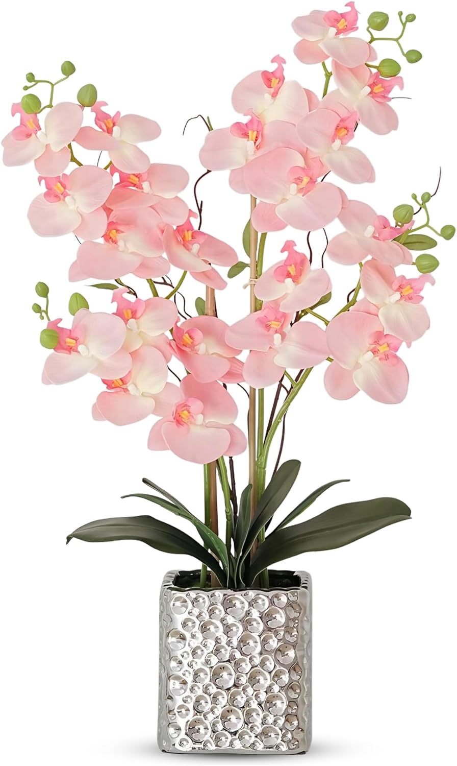 Orchid Artificial Flowers with Sliver Vase Large Silk Faux Phalaenopsis Flowers for Dining Room Table Floral Centerpieces Indoor Decoration,Pink