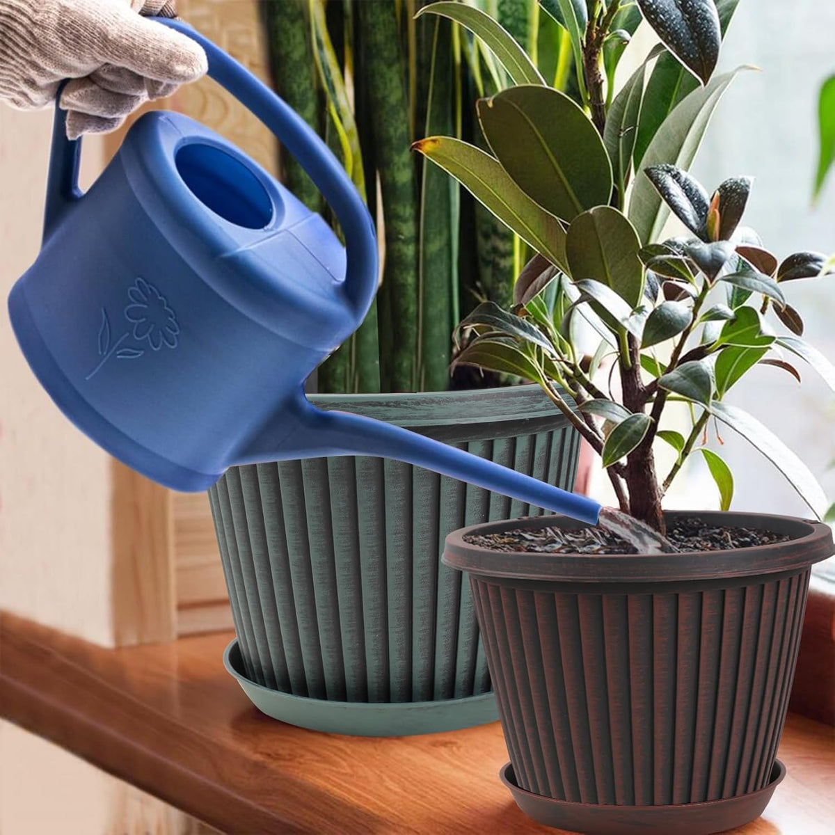 12 inch Plant Pots Indoor Outdoor, 4 Pack Large Planter, Plastic Flower Pots with Saucer and Drainage Holes, Modern Decorative Resin Garden Pots for House Plants