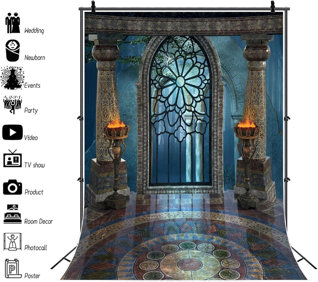 Renaiss 4x6ft Medieval Castle Backdrop for Photoshoot Portrait Pillar Torch Gothic Stone Tower Ancient Old Fortress Interior Photography Background Halloween Party Decor Wallpaper Photo Studio Props