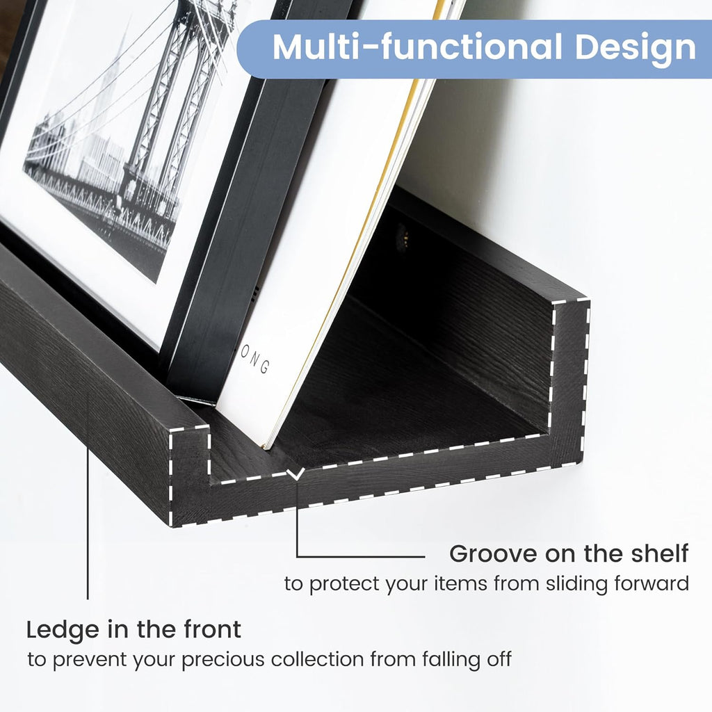 Picture Ledge Wall Shelves 24 inches Width Set of 3, Solid Pine Wood Rustic Floating Ledge Shelves for Kids' Room Bedroom Kitchen Bathroom Living Room Nursery Display Wall Decor, Black
