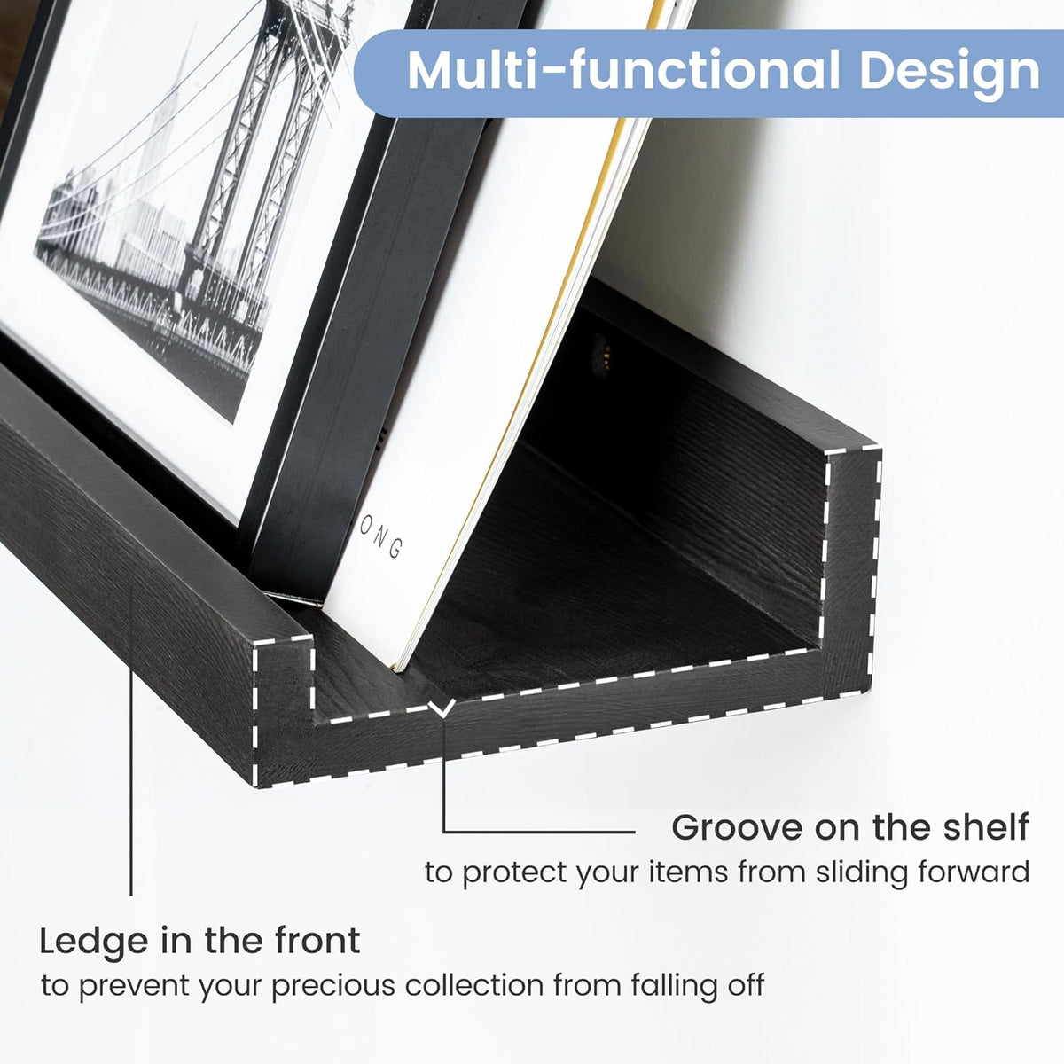 Picture Ledge Wall Shelves 24 inches Width Set of 3, Solid Pine Wood Rustic Floating Ledge Shelves for Kids' Room Bedroom Kitchen Bathroom Living Room Nursery Display Wall Decor, Black