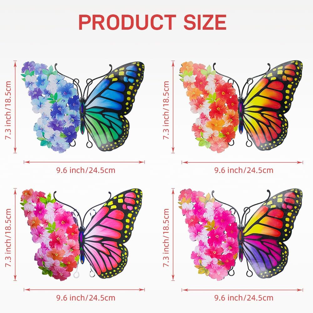 Metal Butterfly Wall Decor, 9.6" Outdoor Wall Decor Metal Yard Art, Flowers Wings Butterfly Outdoor Decor for Garden Patio Fence Outside Living Room Bedroom(4 Pack)