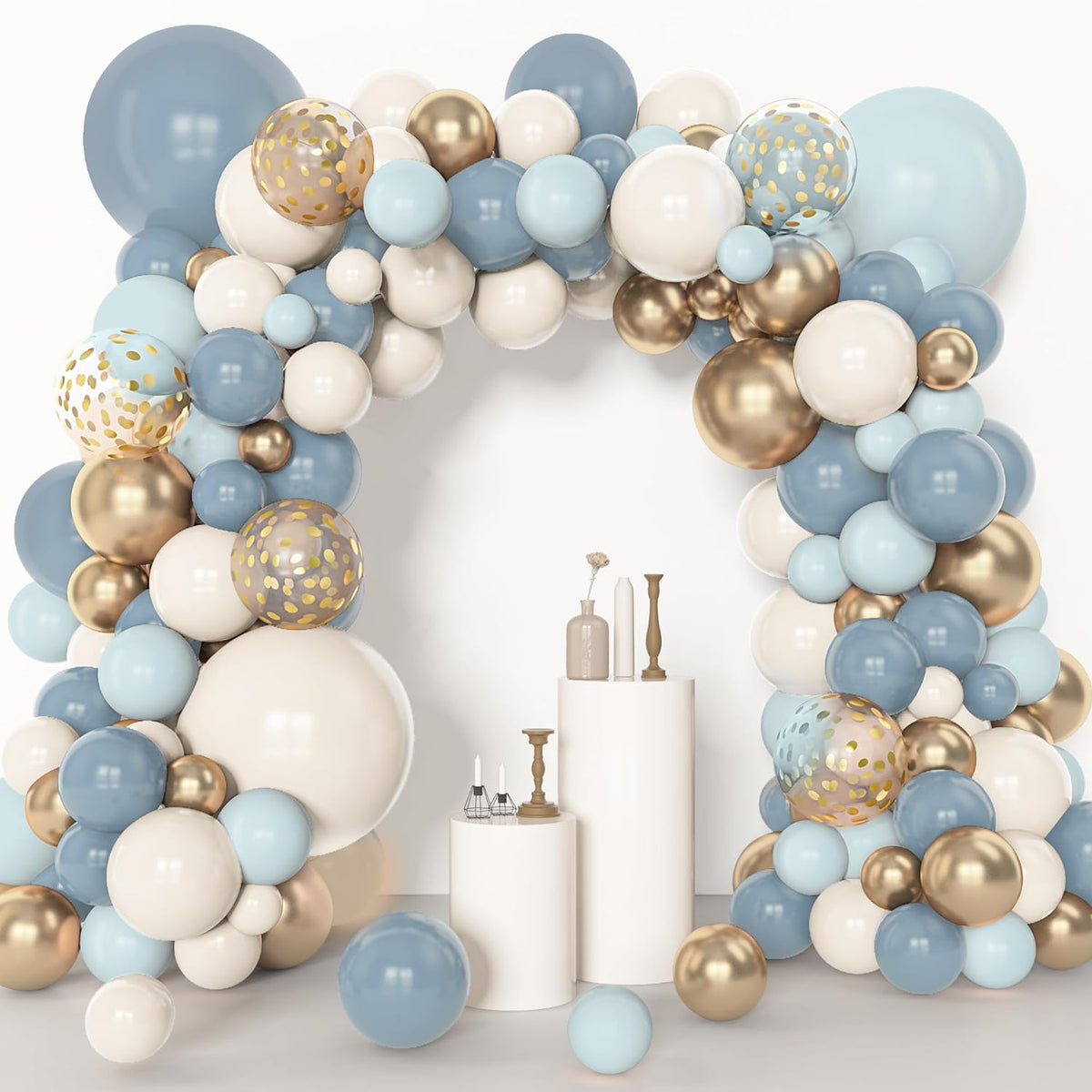 Amandir 153pcs Dusty Blue Balloon Garland Arch Kit, Different Sizes 18 12 10 5 inch Blue White Sand Latex Metallic Confetti Gold Balloons for Boys Birthday Boho Baby Shower Party Decoration Supplies