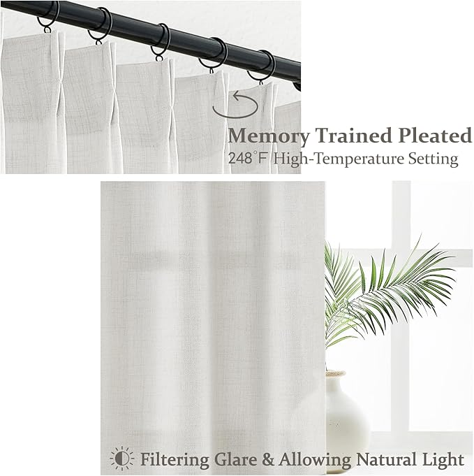 Beige White Thick Natural Linen Light Filtering 104 Inch Extra Long Curtains - Image 4