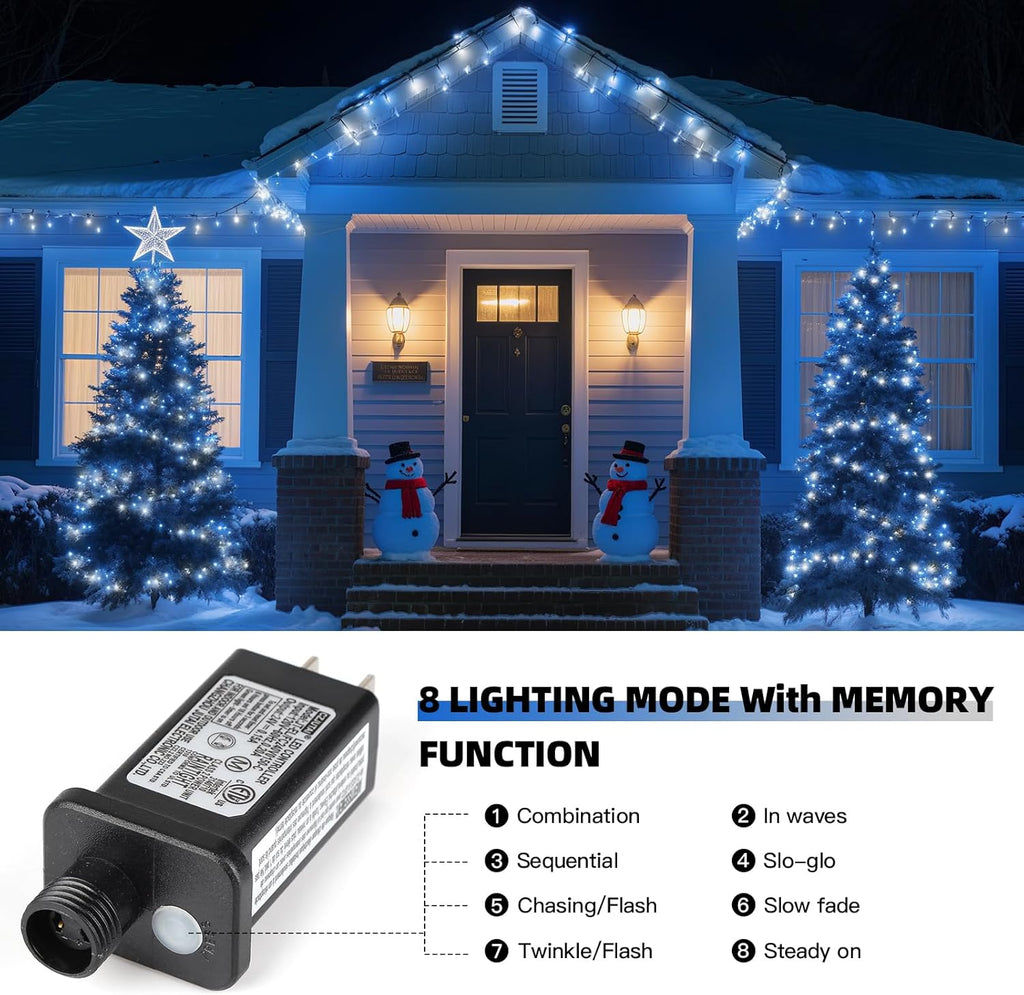 XTF2015 Christmas String Lights, 105ft 300 LED Christmas Lights 8 Modes Memory Function & Timer- UL Certified - Outdoor Indoor Christma s Fairy Lights for Tree, Garden, Party, Wedding(Blue + White)