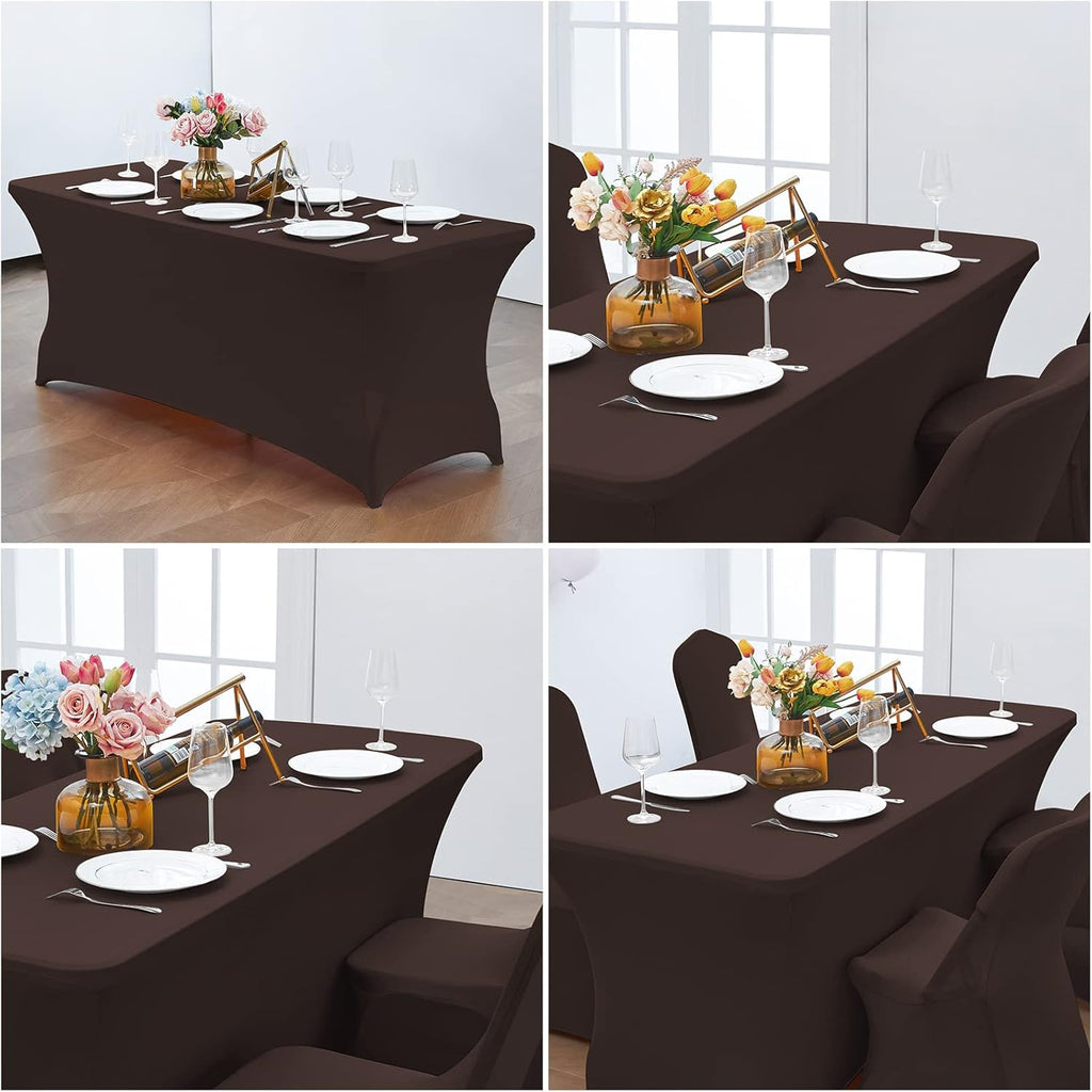 CWK 6FT Waterproof Stretch Spandex Table Cover for Rectangular Tables - Elastic Fitted Tablecloth for Folding Tables,Wrinkle Resistant Table Cloth for Parties, Weddings, Banquets & Events (Coffee)