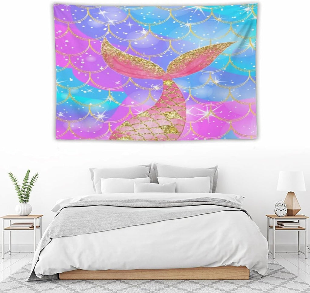 HZOHNAGO Mermaid Scales Tapestry Colorful Shiny Scales Mermaid Tail Pattern Printed Wall Tapestry Wall Hanging for Bedroom Living Room Dorm 60" W x 40" H