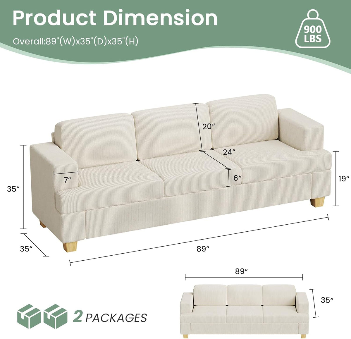 3 Pieces Corduroy Couch Set for Living Room, 3 Seater*2 & Loveseat Cloud Sofa, Deep Seat Floor Couch for Bedroom, Futon Modern Sofa Bed, White Corduroy
