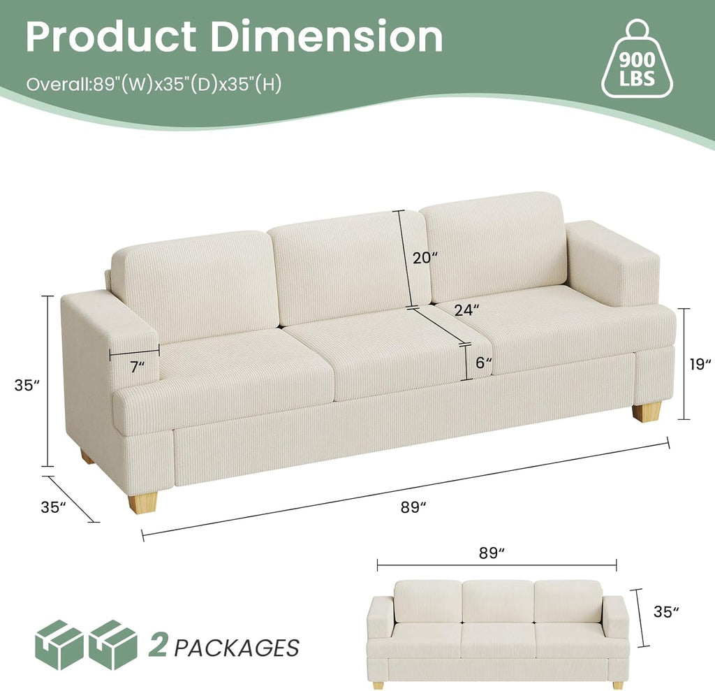 3 Pieces Corduroy Couch Set for Living Room, 3 Seater & Loveset*2 Cloud Sofa, Deep Seat Floor Couch for Bedroom, Futon Modern Sofa Bed, White Corduroy