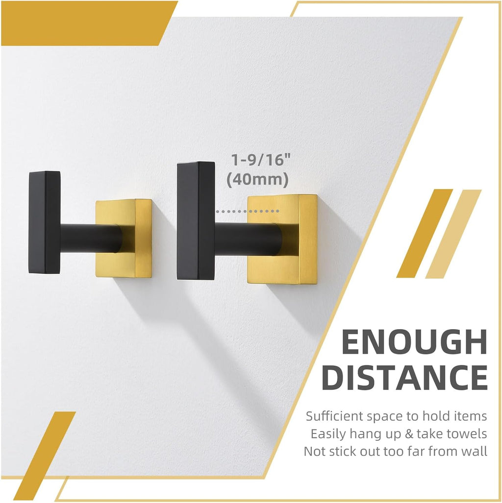 Angle Simple Bathroom Towel Hook 2 Pack, SUS 304 Stainless Steel Bath Robe Coat Holder Wall Mounted, Black & Gold