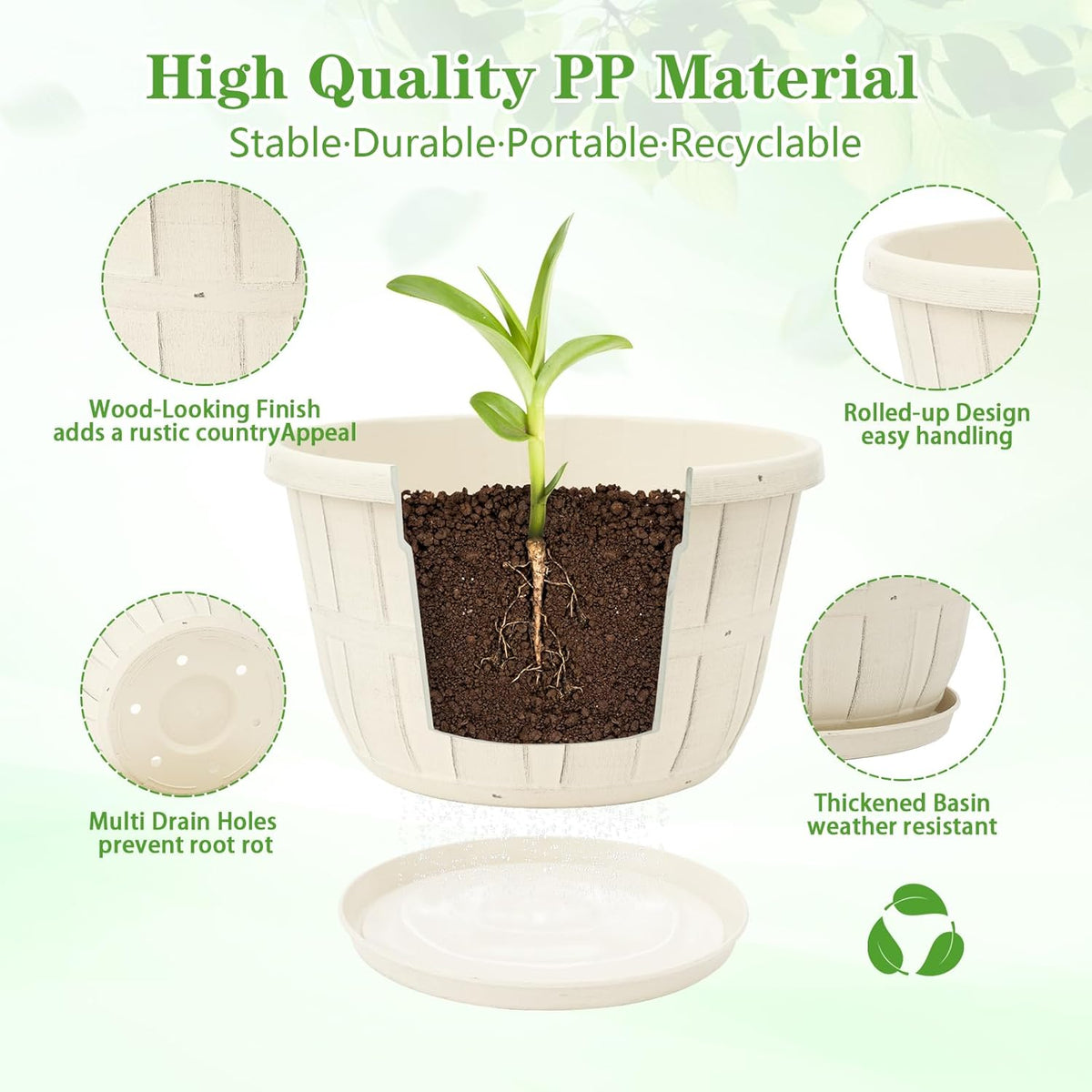 Quarut 12 Inch Large Planter Pot for Plants Indoor Outdoor, 4 Pack Plastic Flower Pots with Drainage Hole & Tray, Modern Decorative Garden Pot with Saucer, Plant Container for House（White）