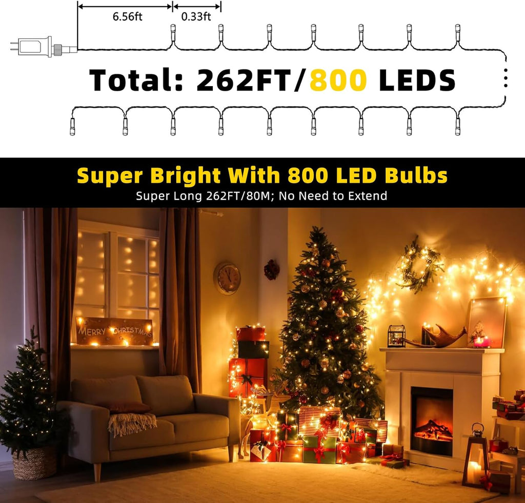 XTF2015 262FT 800 LED Christmas String Lights, Christmas Lights End to End Plug 8 Modes Memory Function with Timer, UL Certified Outdoor Indoor Fairy Light Christma s Tree, Patio, Party (Warm White)