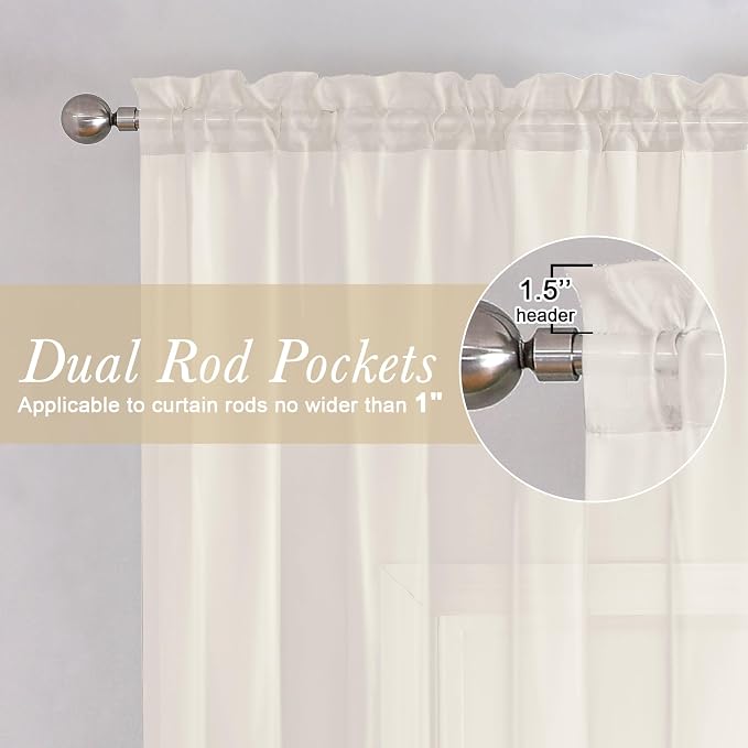 Ivory Sheer Valances for Windows 18 Inch Length 2 Pcs, Cafe Kitchen Curtains - Image 2