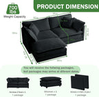Sectional Sofa 2 Seater with Movable 1 Ottoman,Oversized Modular Couch Deep Seat (Black, 76.7 inch-L)