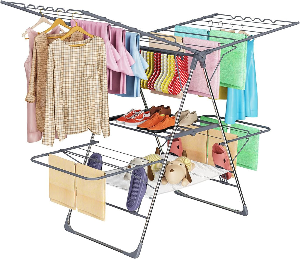 Clothes Drying Rack, Foldable 2-Level Laundry Racks for Drying Clothes Rack,Stainless Steel Drying Rack Clothing Collapsible for Indoor Outdoor,with Height-Adjustable Wings,33 Drying Rails,Gray