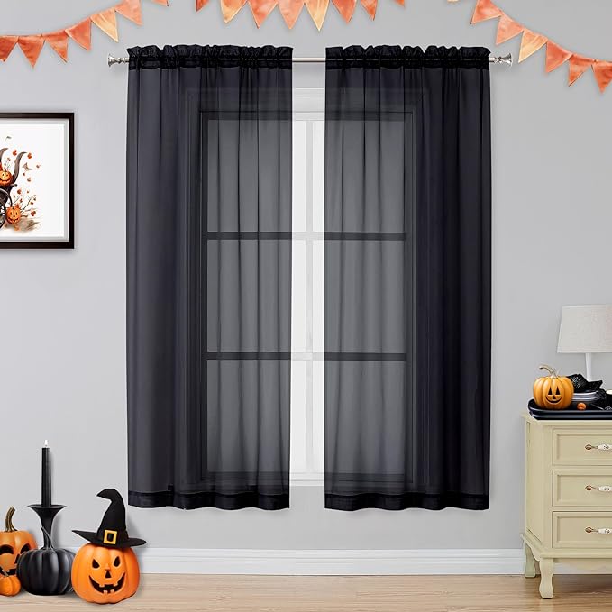 2 Panels Sheer Black Curtains 54 Inches Length Window Treatment by OVZME