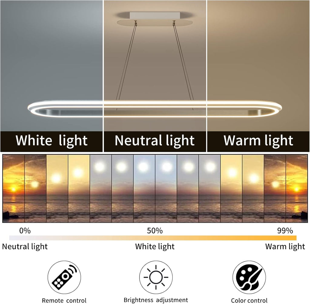 Island Lights, Linear Pendant Light LED Dimmable Hanging Light Fixture, 3000K-6000K with Remote Control,Chandeliers for Dining Room‎(Silver,43.3IN)