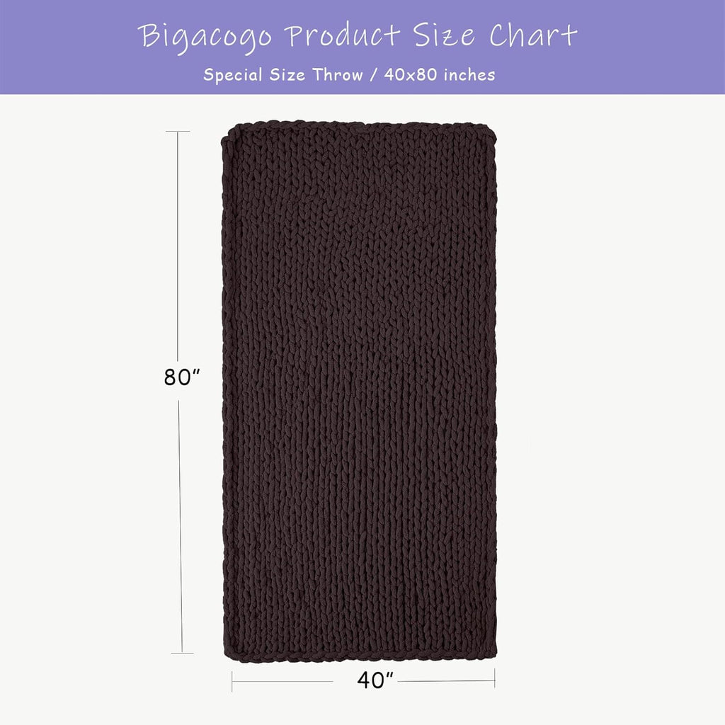 Bigacogo Chunky Knit Throw Blanket for Couch, 40x80 inches, 100% Hand Knitted with Thick Jumbo Chenille Yarn, Cozy Soft Large Rope Knot Cable Crochet Blankets for Sofa Bed Living Room, Chocolate
