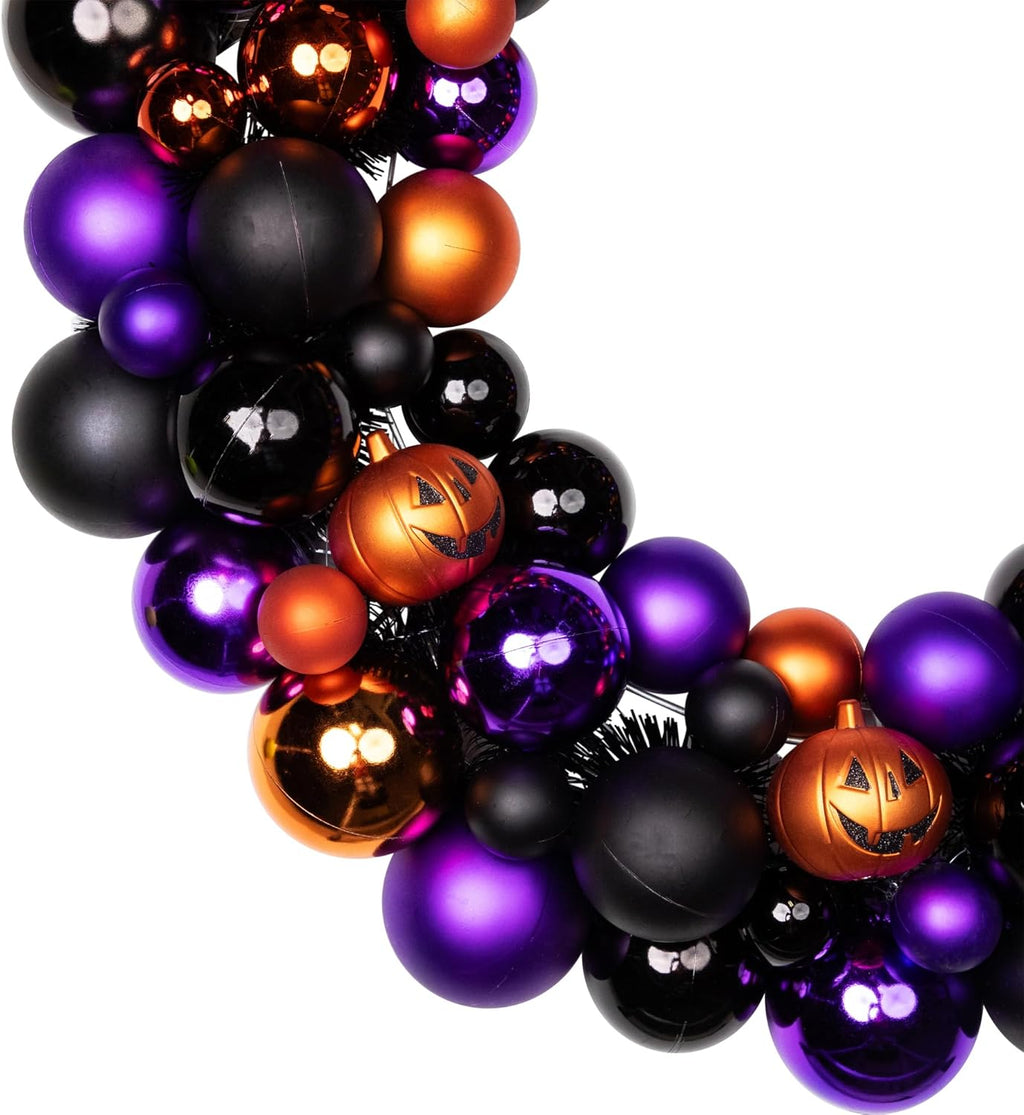 Jack-O-Lanterns Shatterproof Ball Ornament Halloween Wreath - 24" - Unlit