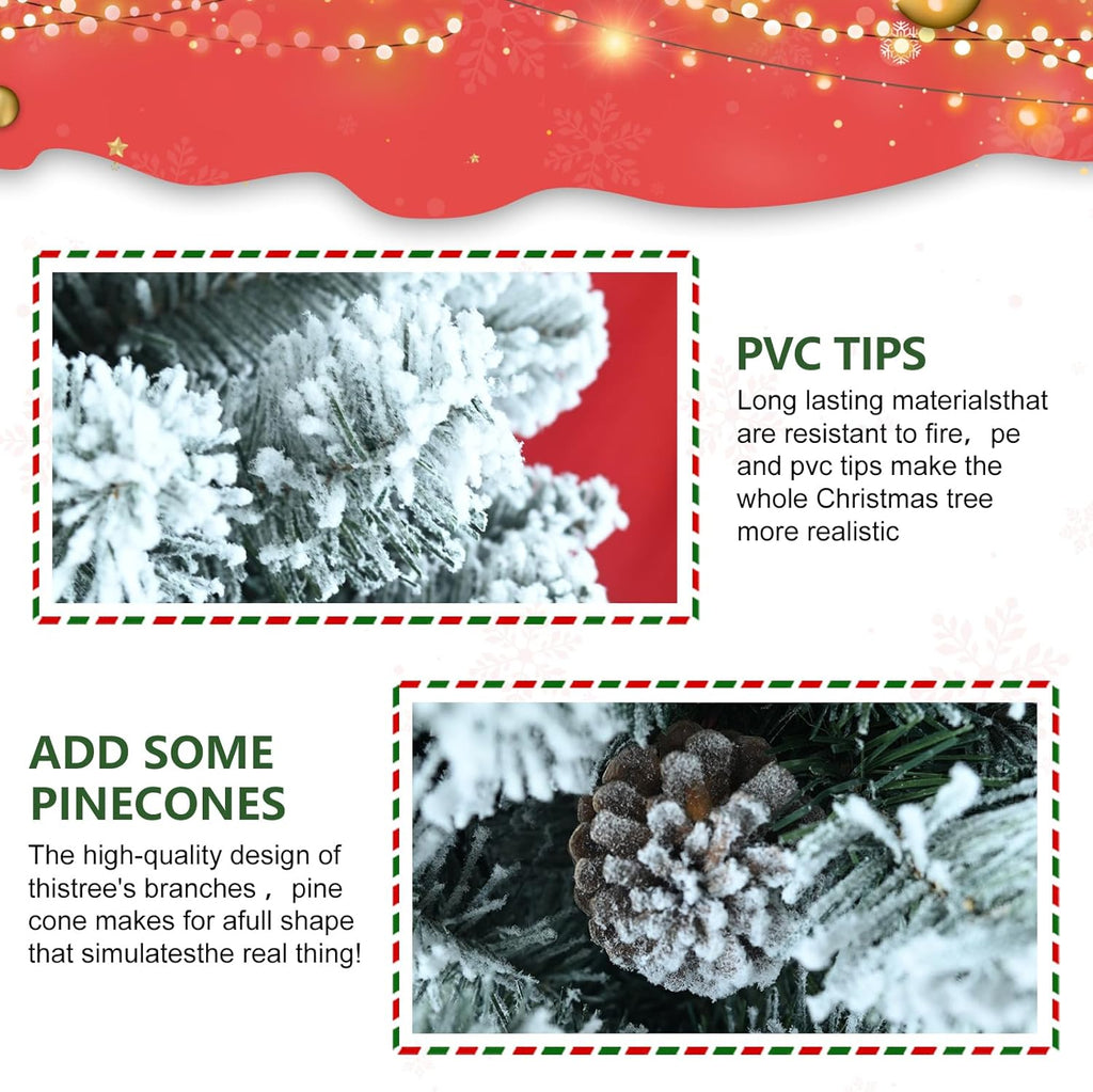 6ft Snow Flocked Christmas Tree, Unlit Artificial Holiday Christmas Pine Tree, Hinged Xmas Tree with Pine Cone, Full Appearance Snowy w/Easy Assembly, Metal Stand