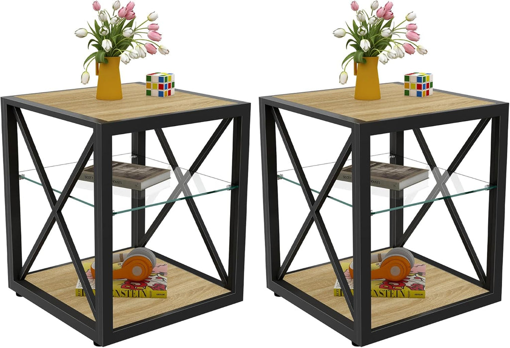 Farmhouse End Table Set of 2, Modern Side Table with 3-Tier Storage Shelf, Square Rustic Nightstand, Accent Tea Table, for Bedroom Office Living Room, Brown, Natural Wood, Glass, Metal