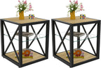 Farmhouse End Table Set of 2, Modern Side Table with 3-Tier Storage Shelf, Square Rustic Nightstand, Accent Tea Table, for Bedroom Office Living Room, Brown, Natural Wood, Glass, Metal