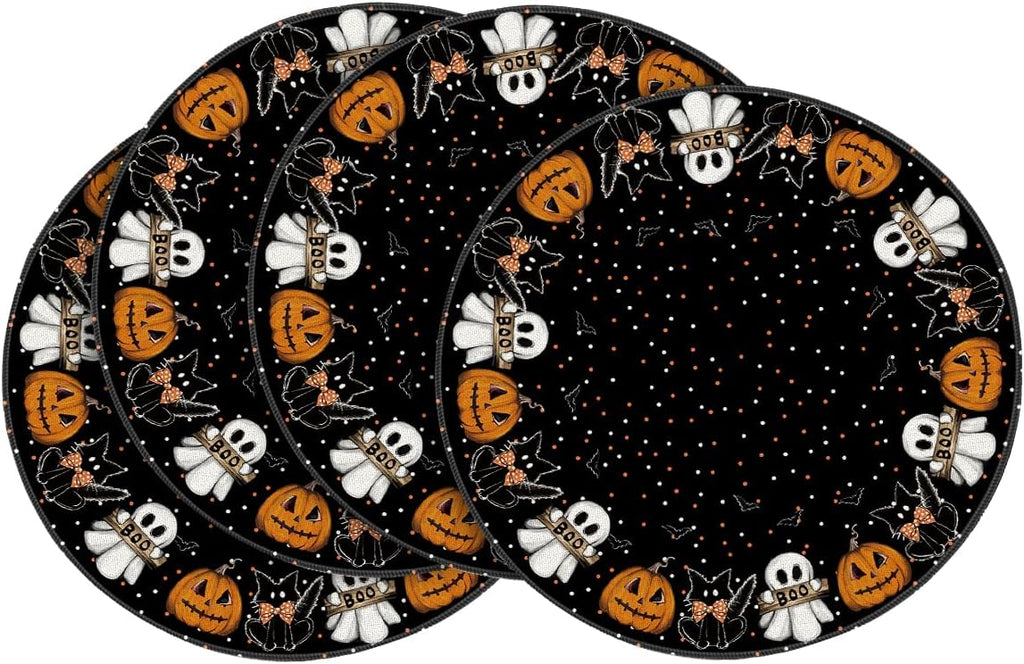 Artoid Mode Ghost Cat Halloween Round Placemats Set of 4, 14 Inch Table Mats for Party Kitchen Dining