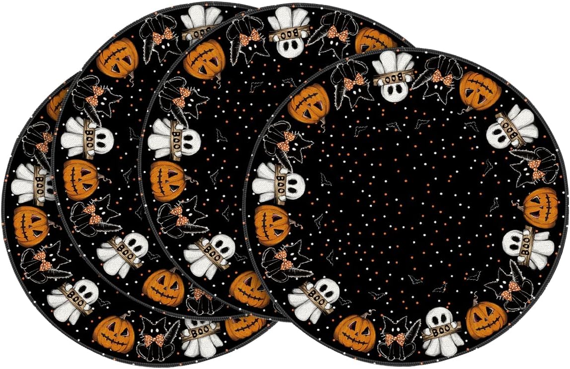 Artoid Mode Ghost Cat Halloween Round Placemats Set of 4, 14 Inch Table Mats for Party Kitchen Dining