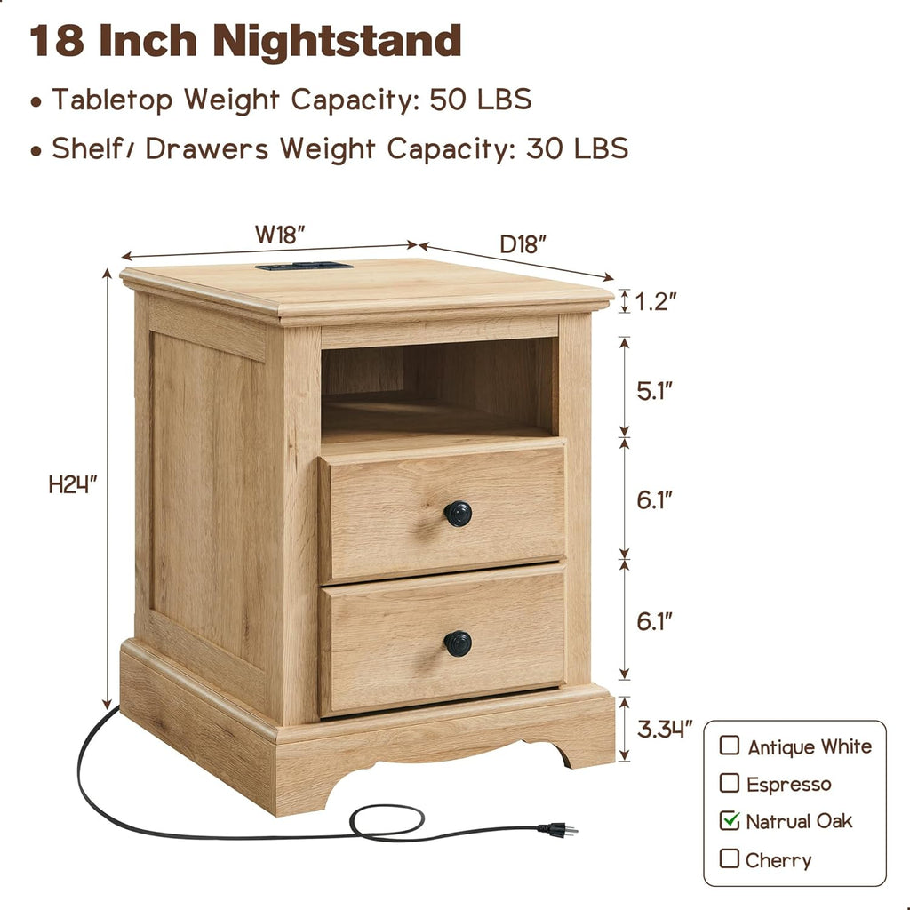 T4TREAM Nightstand with Charging Station, 18 Inch Vintage End Table with 2 Drawers, Wood Rustic Sofa Side Table with Open Storage Shelf for Bedroom, Living Room, Natural Oak