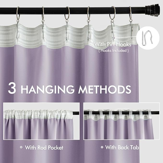 MIULEE Lilac Back Tab Blackout Curtains 52x102 Inch Long 2 Panels Set | Rod - Image 3